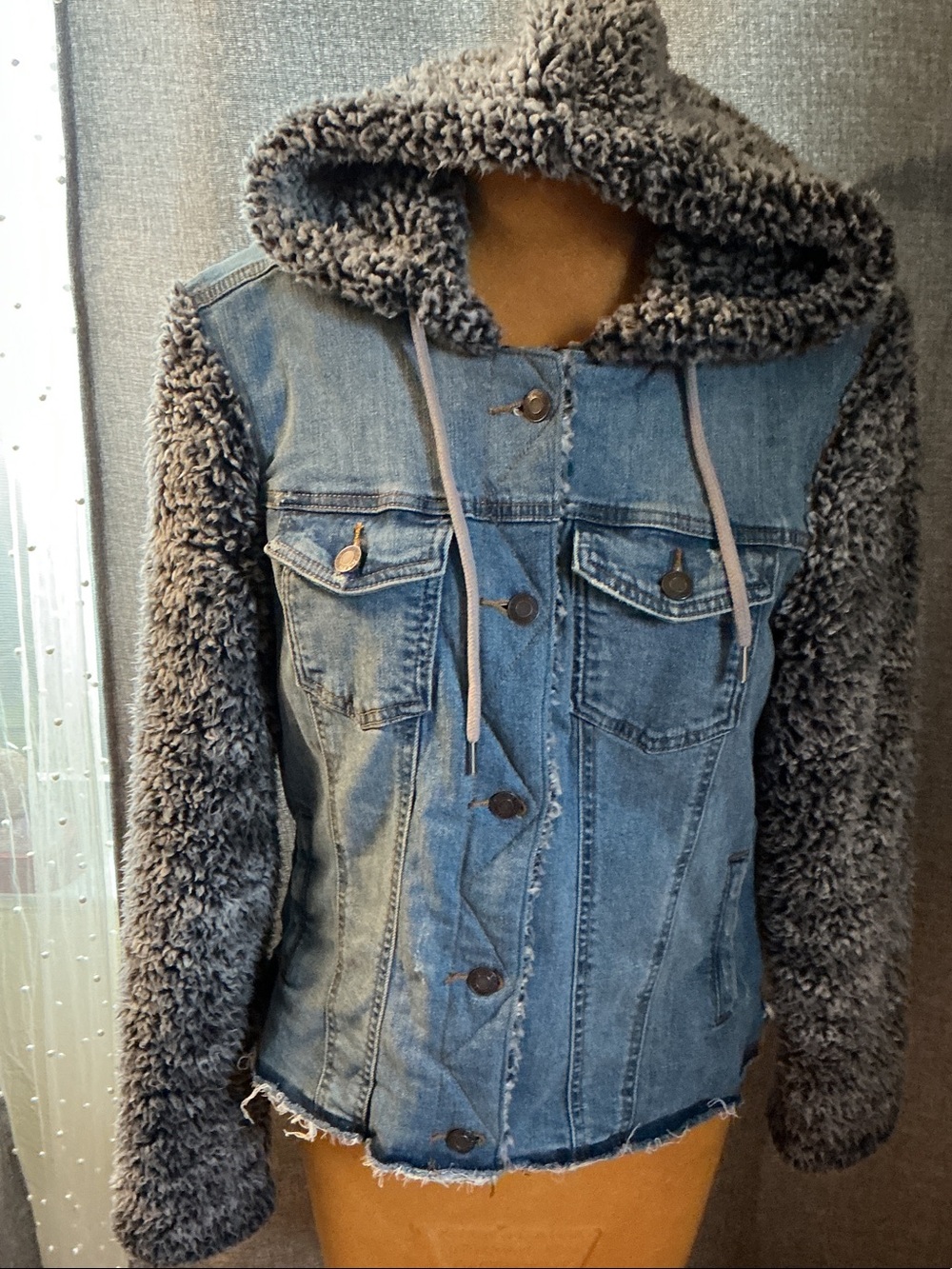 Maurices Blue Denim Jacket with Gray Sherpa Hood & Sleeves